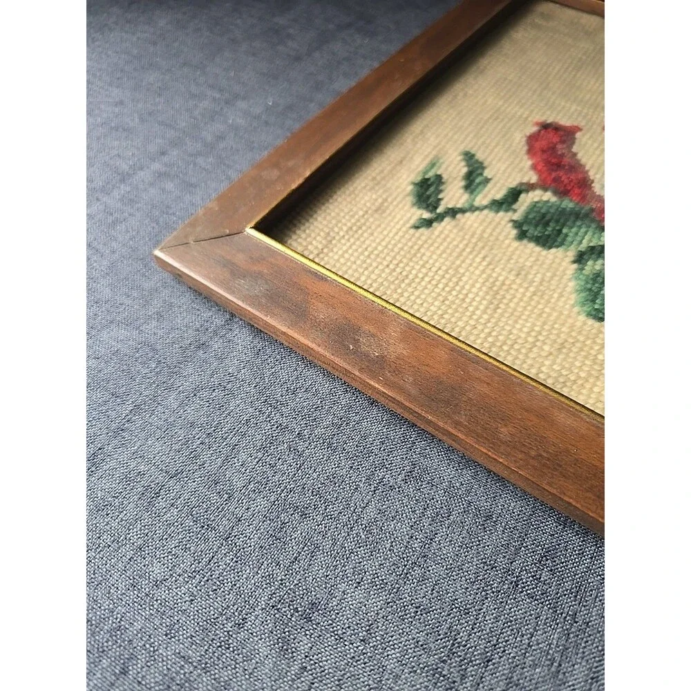 Vintage Framed Handmade Embroidery Needlepoint Red Bird Cardinals With Flowers